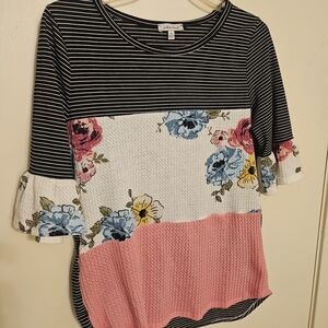 White Birch Striped Floral Short Sleeve Top